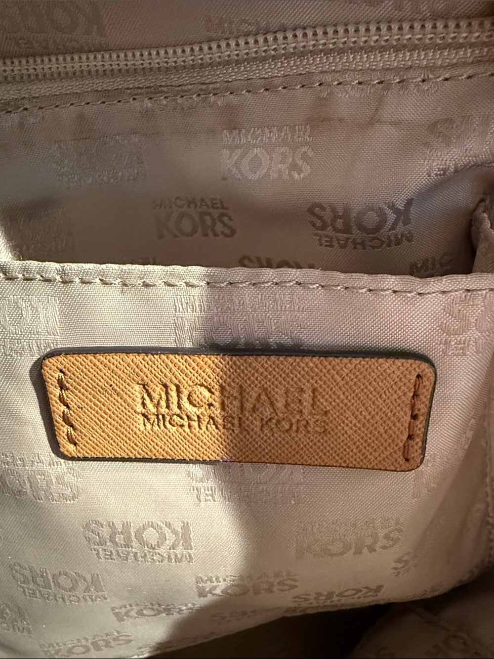 Michael Kors Cream Signature MK Tote with tan Leather Trim - Picture 7 of 9